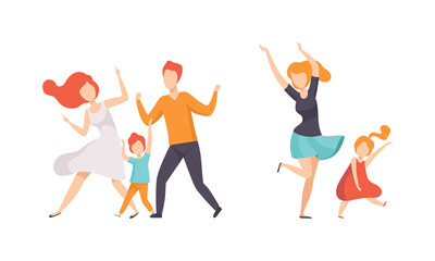 Parents and their Kids Having Good Time Together Set, Families Dancing and Having Fun Flat Vector Illustration
