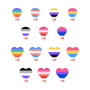 Hot air balloons with rainbow pride flags. Rainbow aerostats. Collection of organic flat illustrations