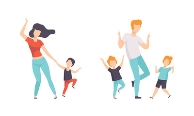 Fototapeta na wymiar Parents and their Kids Having Fun Together Set, Mom, Dad and Children Dancing Flat Vector Illustration