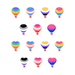 Hot air balloons with pride flags. Isometric rainbow aerostats. Collection of organic flat illustrations