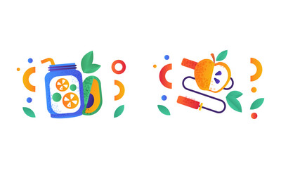 Fototapeta premium Healthy Lifestyle Symbols Set, Balanced Diet Food and Sports Equipment Signs Flat Vector Illustration