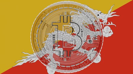 Large transparent Glass Bitcoin in center and on top of the Country Flag of Bhutan