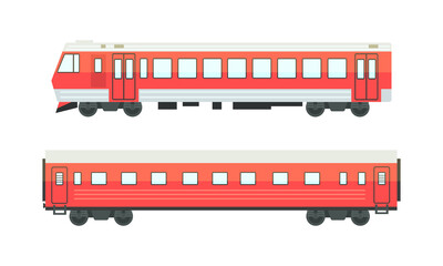 Railway Passenger Suburban Vehicles Set, Side View of Locomotive and Wagon Railroad Transport Flat Vector Illustration