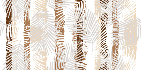 Motif tropical, feuilles de palmier fond floral vectorielle continue. Plante exotique sur imprimé rayures marron. Imprimé jungle nature estivale. Feuilles de palmier sur les lignes de peinture. coups de pinceau d& 39 encre