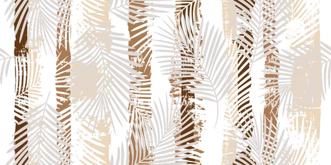 Papier Peint photo autocollant Tropical ensemble 1 Motif tropical, feuilles de palmier fond floral vectorielle continue. Plante exotique sur imprimé rayures marron. Imprimé jungle nature estivale. Feuilles de palmier sur les lignes de peinture. coups de pinceau d& 39 encre