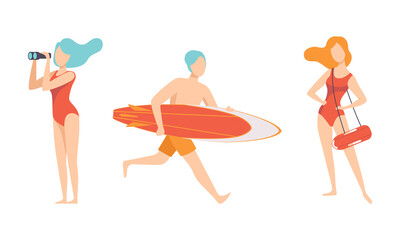 Beach Lifeguards Ensuring Safety Set, Professional Rescuers Characters in Swimwear Cartoon Vector Illustration