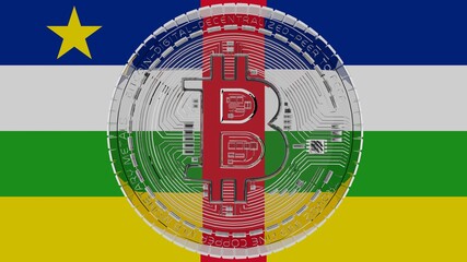 Large transparent Glass Bitcoin in center and on top of the Country Flag of Central African Republic