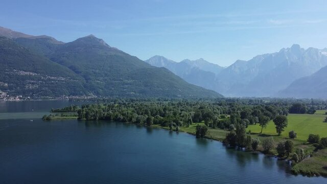 Landscape of the upper Lake Como, at the mouth of the Adda river near Colico