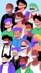 Different people of different identities ethnicities and sexyality. Face masks with pride flags. 9:16 organic flat illustration. Covid Pride month