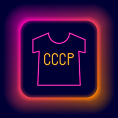 Glowing neon line USSR t-shirt icon isolated on black background. Colorful outline concept. Vector