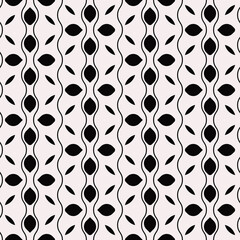 Black leaves and vertical wavy lines make simple pattern. Vector wallpaper.