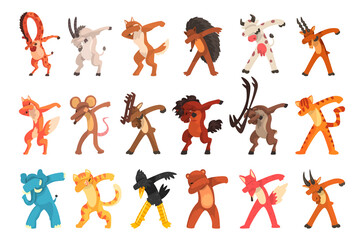 Set of Animals Standing in Dub Dancing Pose, Different Animals Doing Dubbing Vector Illustration on White Background - obrazy, fototapety, plakaty