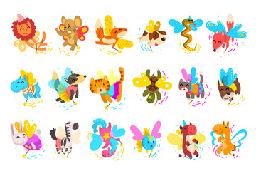 Big Set of Cute Winged Animals with Magic Wands, Flying Cat, Cow, Rabbit, Hippo, Lion, Squirrel Fantasy Characters Cartoon Vector Illustration