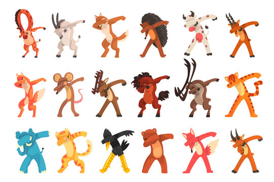 Set of Animals Standing in Dub Dancing Pose, Different Animals Doing Dubbing Vector Illustration on White Background