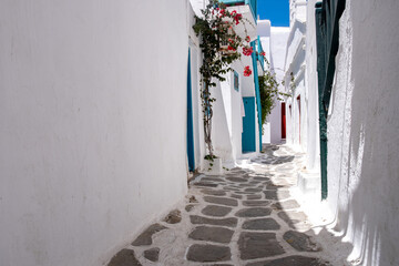 Mykonos, Greece. Traditional whitewashed buildings and narrow streets,