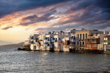 Obraz premium Little Venice at sunset, Mykonos island Aegean Sea. Cyclades Greece.