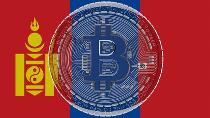 Large transparent Glass Bitcoin in center and on top of the Country Flag of Mongolia