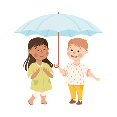 Kind and Fair Little Boy Holding Umbrella Protecting Girl Doing Justice Vector Illustration