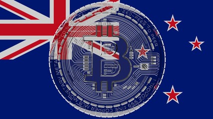 Large transparent Glass Bitcoin in center and on top of the Country Flag of New Zealand