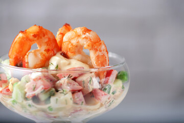 Fresh vegetable salad with shrimps. Diet food