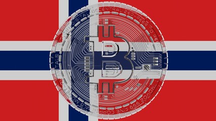 Large transparent Glass Bitcoin in center and on top of the Country Flag of Norway