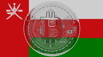 Fototapeta premium Large transparent Glass Bitcoin in center and on top of the Country Flag of Oman
