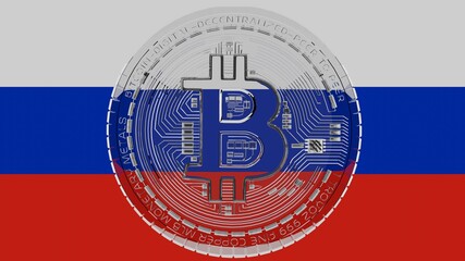 Large transparent Glass Bitcoin in center and on top of the Country Flag of Russia