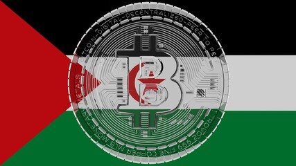 Large transparent Glass Bitcoin in center and on top of the Country Flag of Sahrawi Arab Democratic Republic