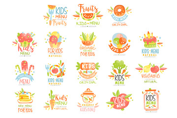 Fototapeta na wymiar Kids Menu Logo Design Templates Set, Organic Natural Food Labels Hand Drawn Vector Illustration