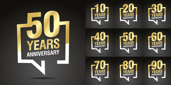 Set of Anniversary decades vector creative design emblems with speech brackets numbers golden color for celebration event, invitation, greeting, web template, leaflet and booklet