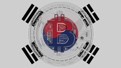 Large transparent Glass Bitcoin in center and on top of the Country Flag of South Korea