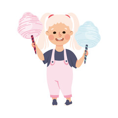 Cute Girl Eating Sweet Cotton Candy on Stick, Adorable Kid Leisure Activity Concept Cartoon Vector Illustration