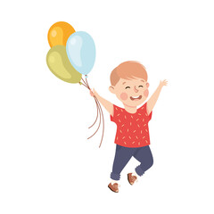 Cute Boy Playing Inflatable Balloons, Adorable Kid Leisure Activity Concept Cartoon Vector Illustration