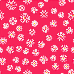 Line Old wooden wheel icon isolated seamless pattern on red background. Vector