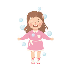Cute Girl Playing Soap Bubbles, Adorable Kid Leisure Activity Concept Cartoon Vector Illustration