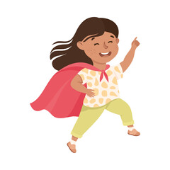 Cute Girl Having Fun Wearing Red Cape, Adorable Kid Leisure Activity Concept Cartoon Vector Illustration