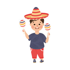 Cute Boy in Sombrero Hat Playing Maracas, Adorable Kid Leisure Activity Concept Cartoon Vector Illustration