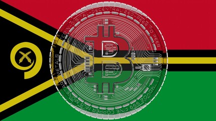 Large transparent Glass Bitcoin in center and on top of the Country Flag of Vanuatu
