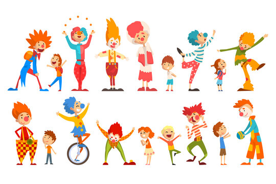 Funny Clowns Characters Set, Comedians Performing in Colorful Costume Cartoon Vector Illustration
