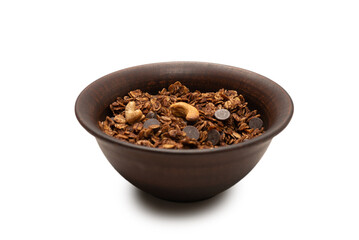 Chocolate granola cereal with nuts in a bowl background.