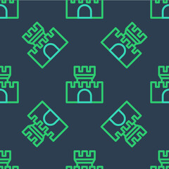 Line Castle icon isolated seamless pattern on blue background. Medieval fortress with a tower. Protection from enemies. Reliability and defense of the city. Vector