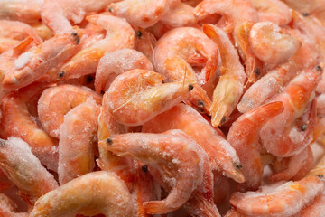 Fresh shrimps in ice. Top view.