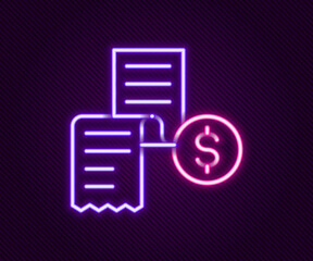 Glowing neon line Paper or financial check icon isolated on black background. Paper print check, shop receipt or bill. Colorful outline concept. Vector