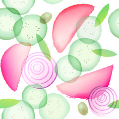 Seamless pattern. Vegetable mix salad, slices of cucumber, onion, pieces of tomatoes, olives and green at watercolor style.
