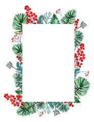 Fototapeta na wymiar Christmas frame.Evergreen leaves, winter berries, branches border painted with watercolor. Botanical holiday elements isolated on white. Christmas party invitation, greeting, card, celebration