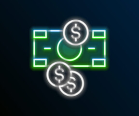 Glowing neon line Stacks paper money cash and coin money with dollar symbol icon isolated on black background. Money banknotes stacks. Colorful outline concept. Vector