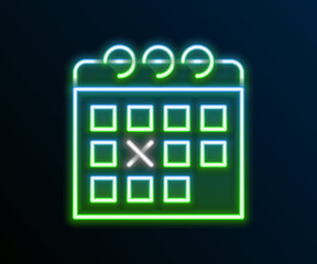 Glowing neon line Calendar fitness icon isolated on black background. Training schedule. Colorful outline concept. Vector