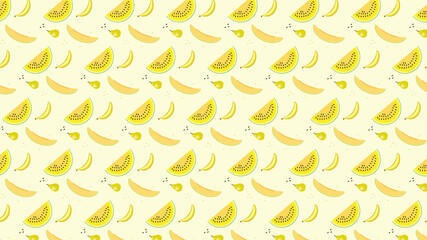 Fruit pattern with pear, melon, yellow watermelon, banana in yellow juicy colors