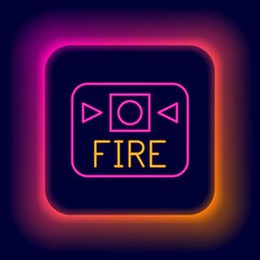 Glowing neon line Fire alarm system icon isolated on black background. Pull danger fire safety box. Colorful outline concept. Vector