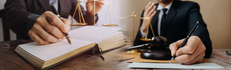 Business and lawyers discussing contract papers with brass scale on desk in office. Law, legal...